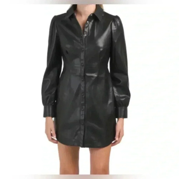 7 For All Mankind Black Vegan Leather Long Sleeve Puff Shoulder Mini Dress XS - Picture 1 of 12